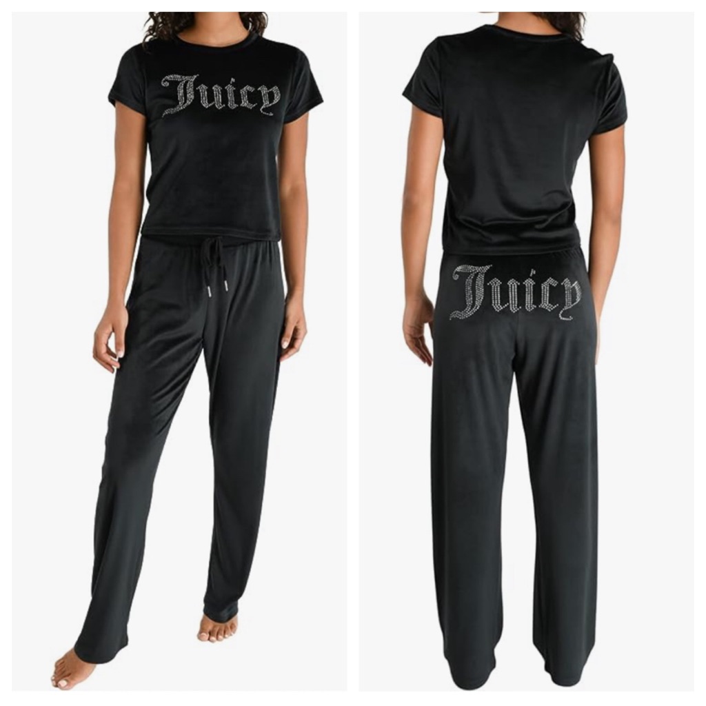 New Size Medium Juicy Couture Black Velour Velvet Bling Track Pants & Crop Top